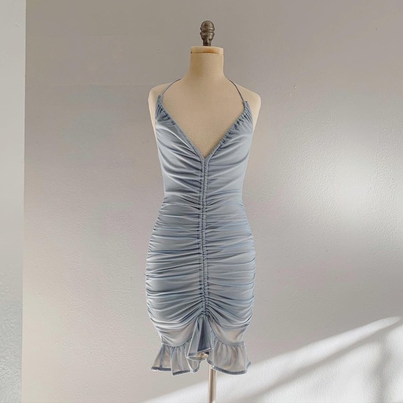 Baby Blue Runched Bodycon Dress - Picture 1 of 2